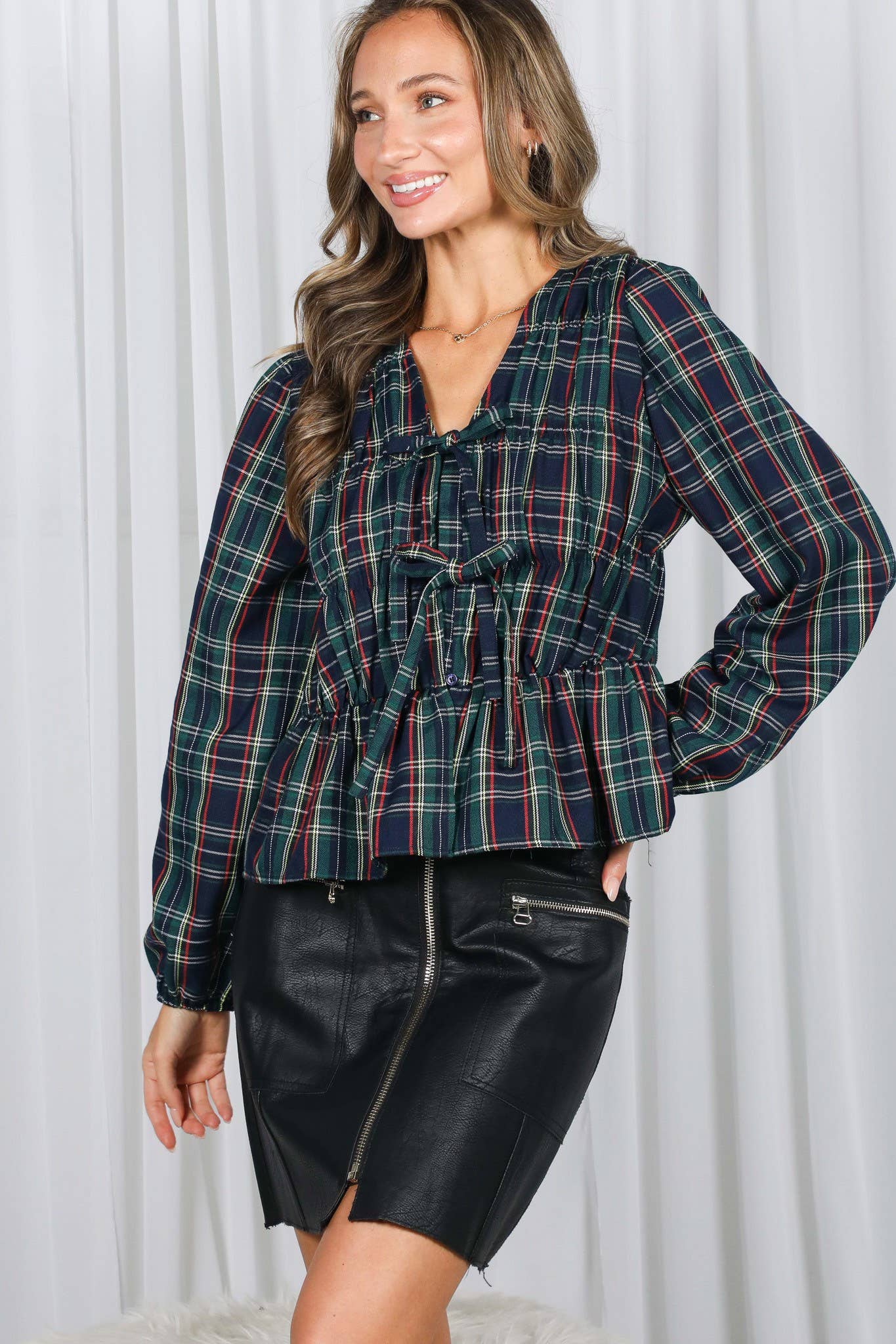 Front Elastic Shirring & Tie Plaid Blouse Top VT82890B