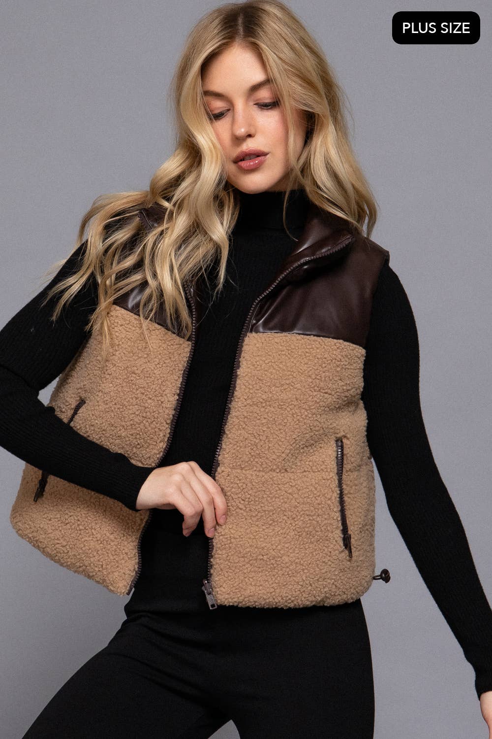 Reversible Faux Leather-Sherpa Contrast Padding Crop Vest
