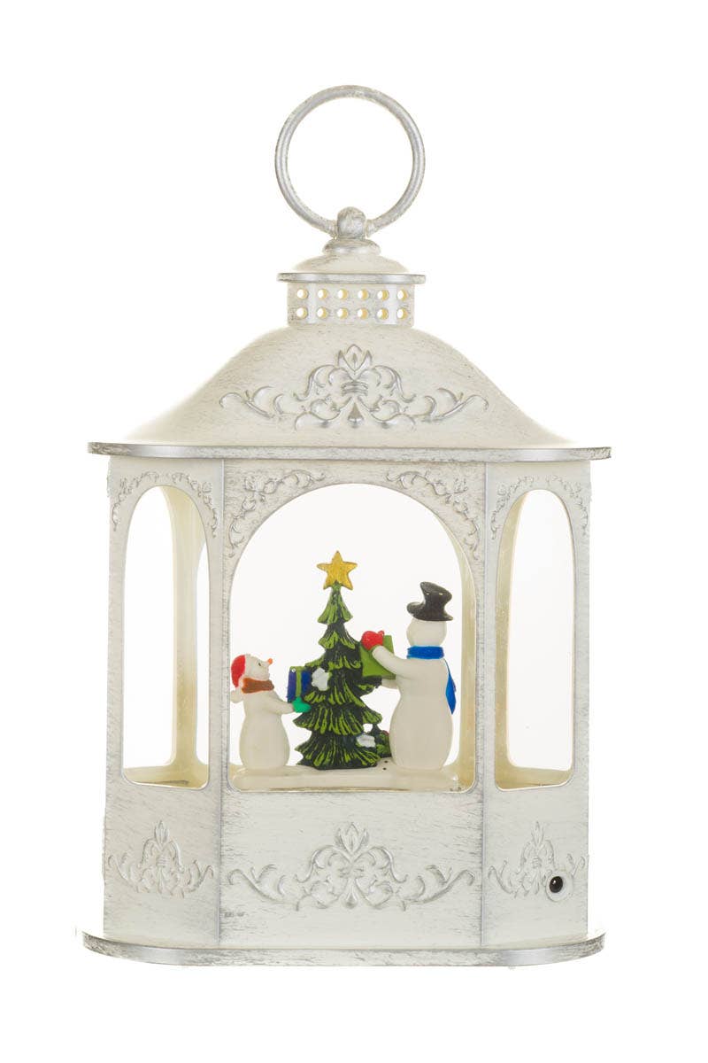 NEW-White Led Lantern Snow Globe W/ Snowmen & Presents