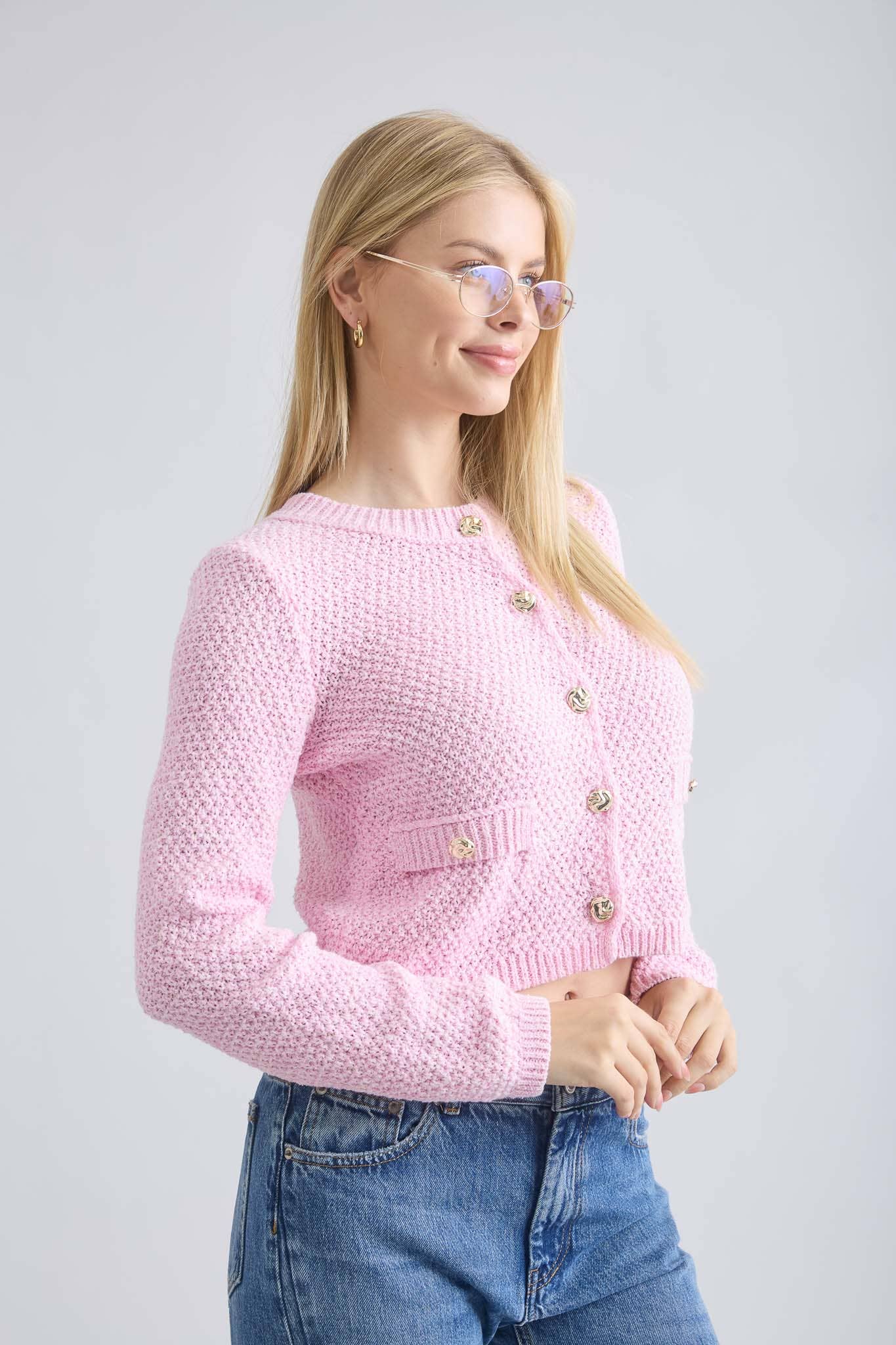 MARLED GOLD BUTTON ROUND NECK KNIT CARDIGAN