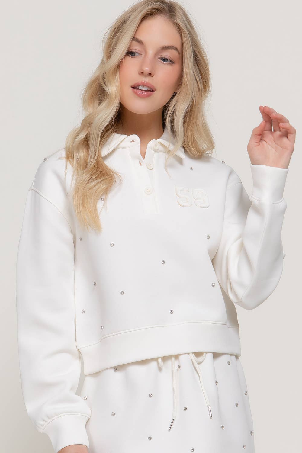 Long Sleeve with Embellished Scuba Polo Top