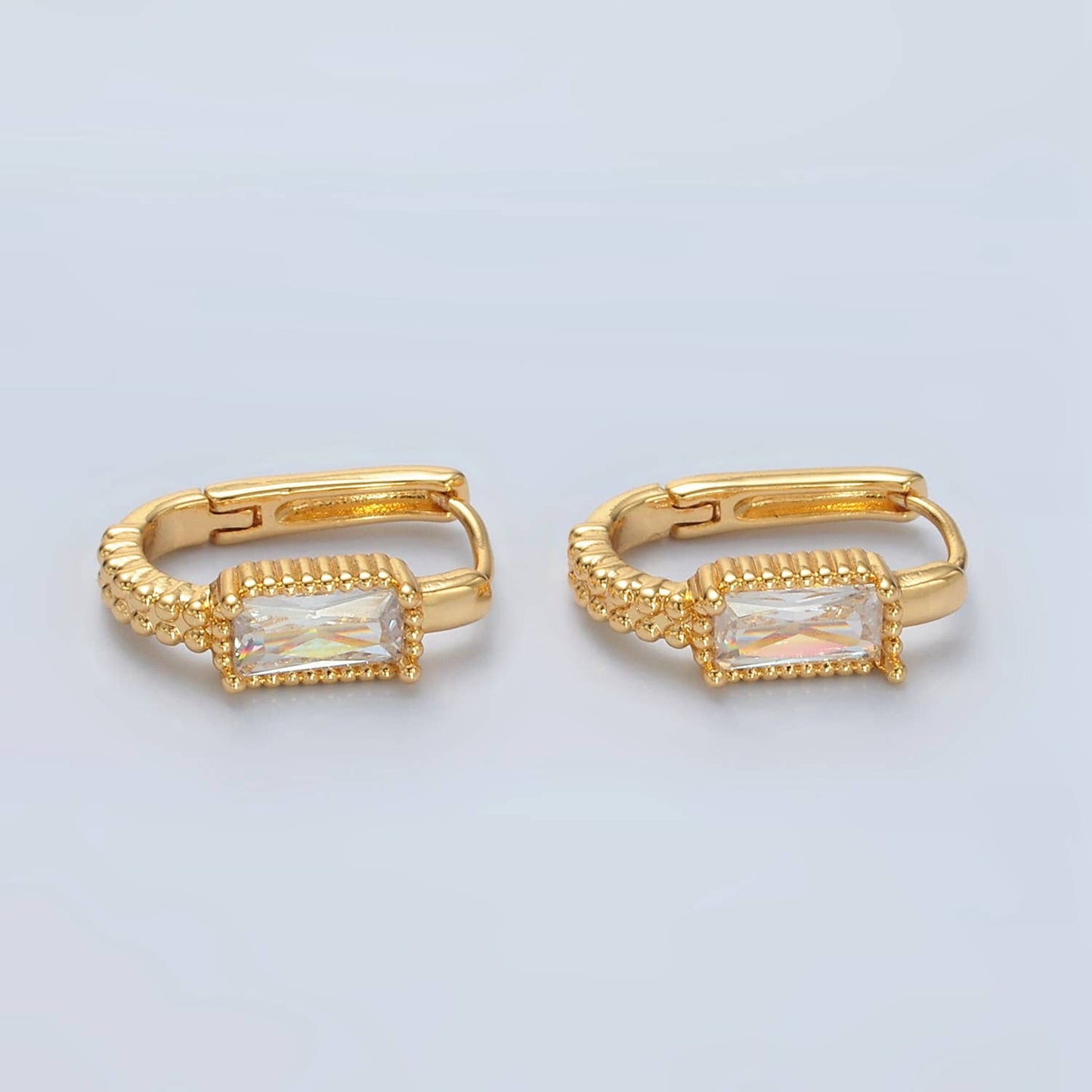 24K Gold Filled Baguette Oblong Huggie Hoop Earrings | T-093