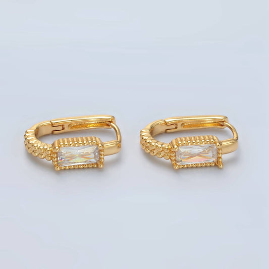 24K Gold Filled Baguette Oblong Huggie Hoop Earrings | T-093