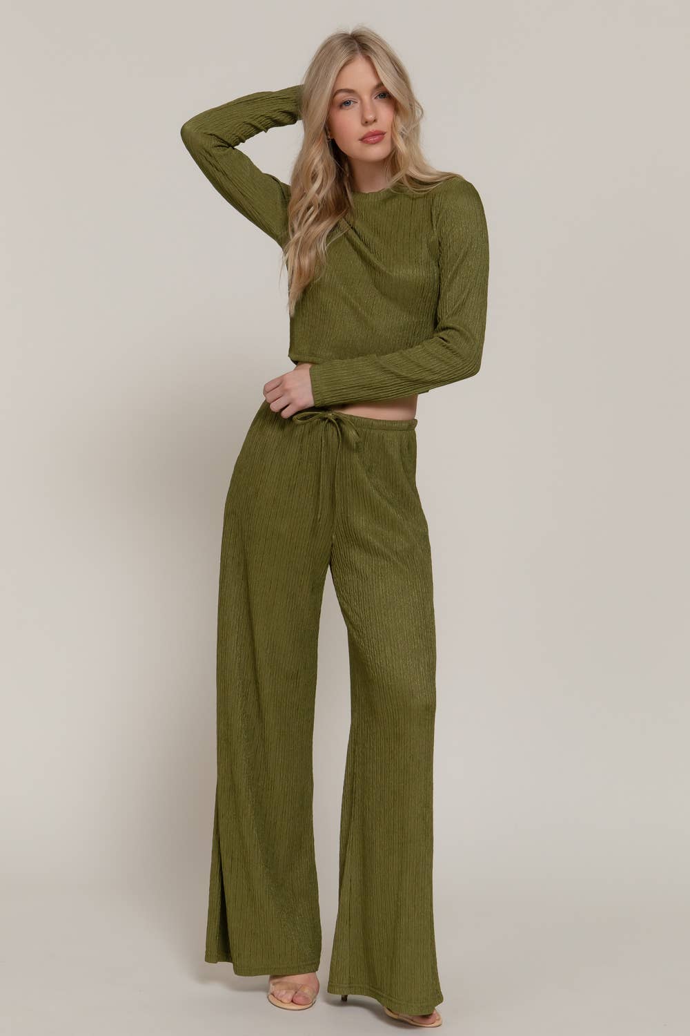 Long Sleeve Crew Neck Top & Waist Tie Long Pants Set