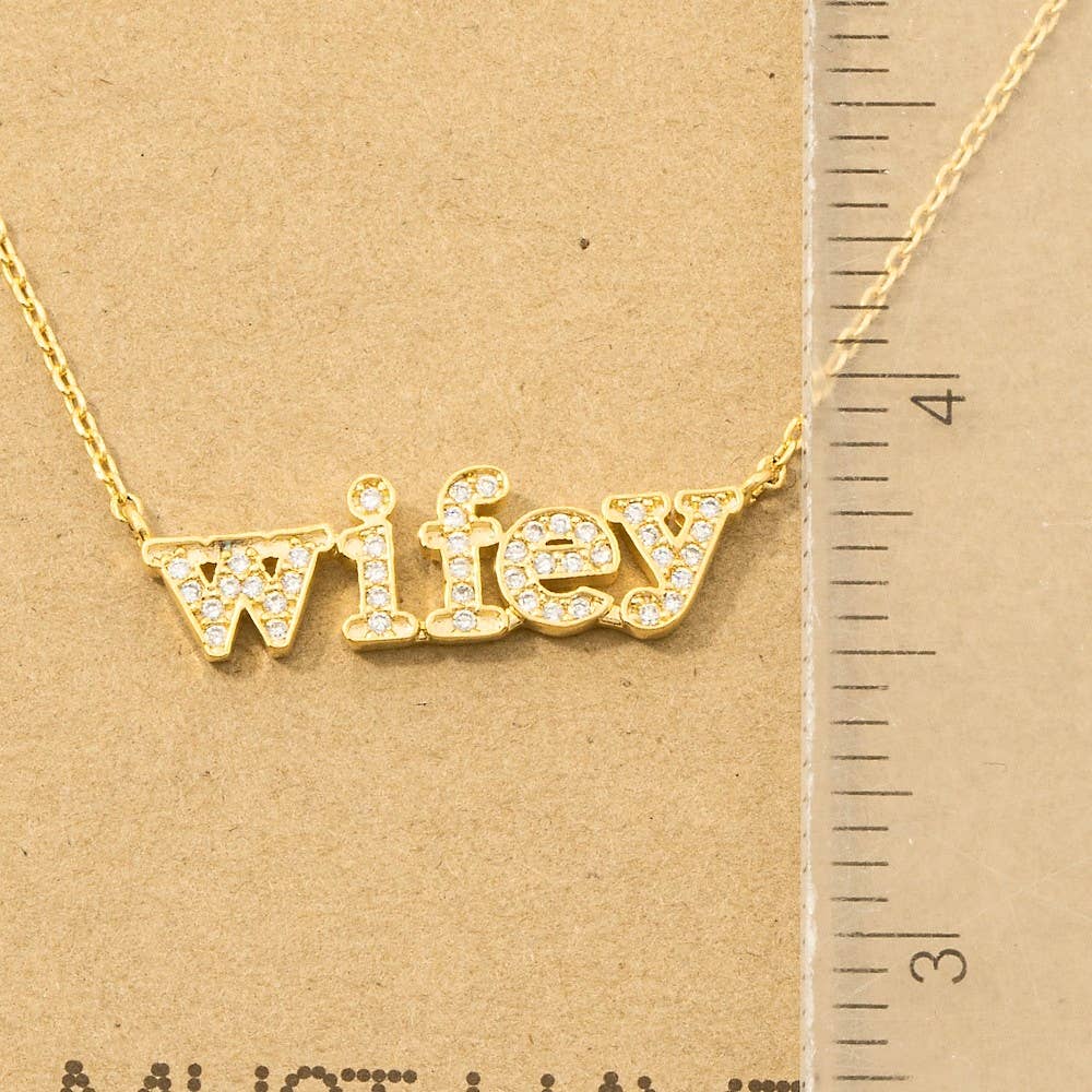 Gold Dipped Cz Pave Wifey Pendant Necklace