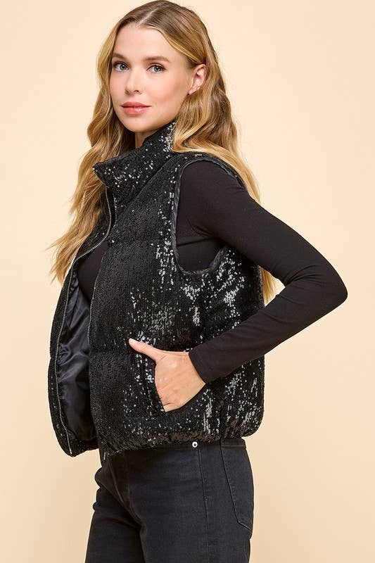 CV1244-Sequin Front Zipper Puffer Vest