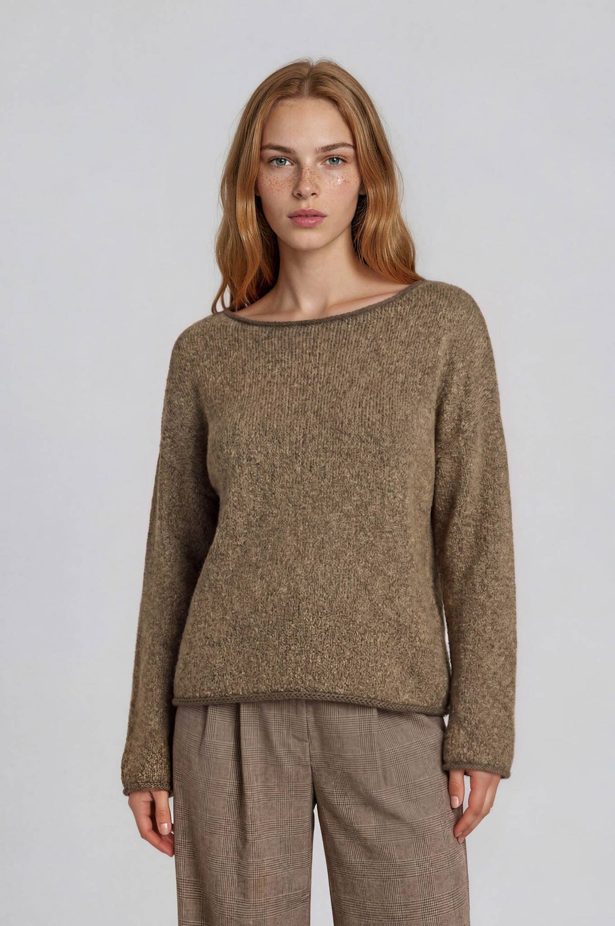 BOAT NECK CONTRAST TRIM LONG SLEEVE KNIT SWEATER