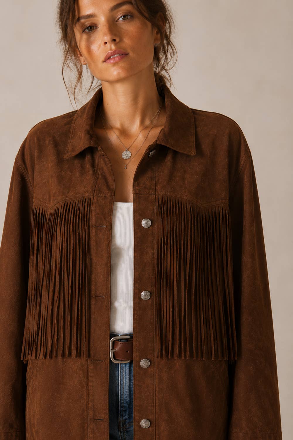 RELAXED FIT FAUX SUEDE FRINGE CASUAL JACKET