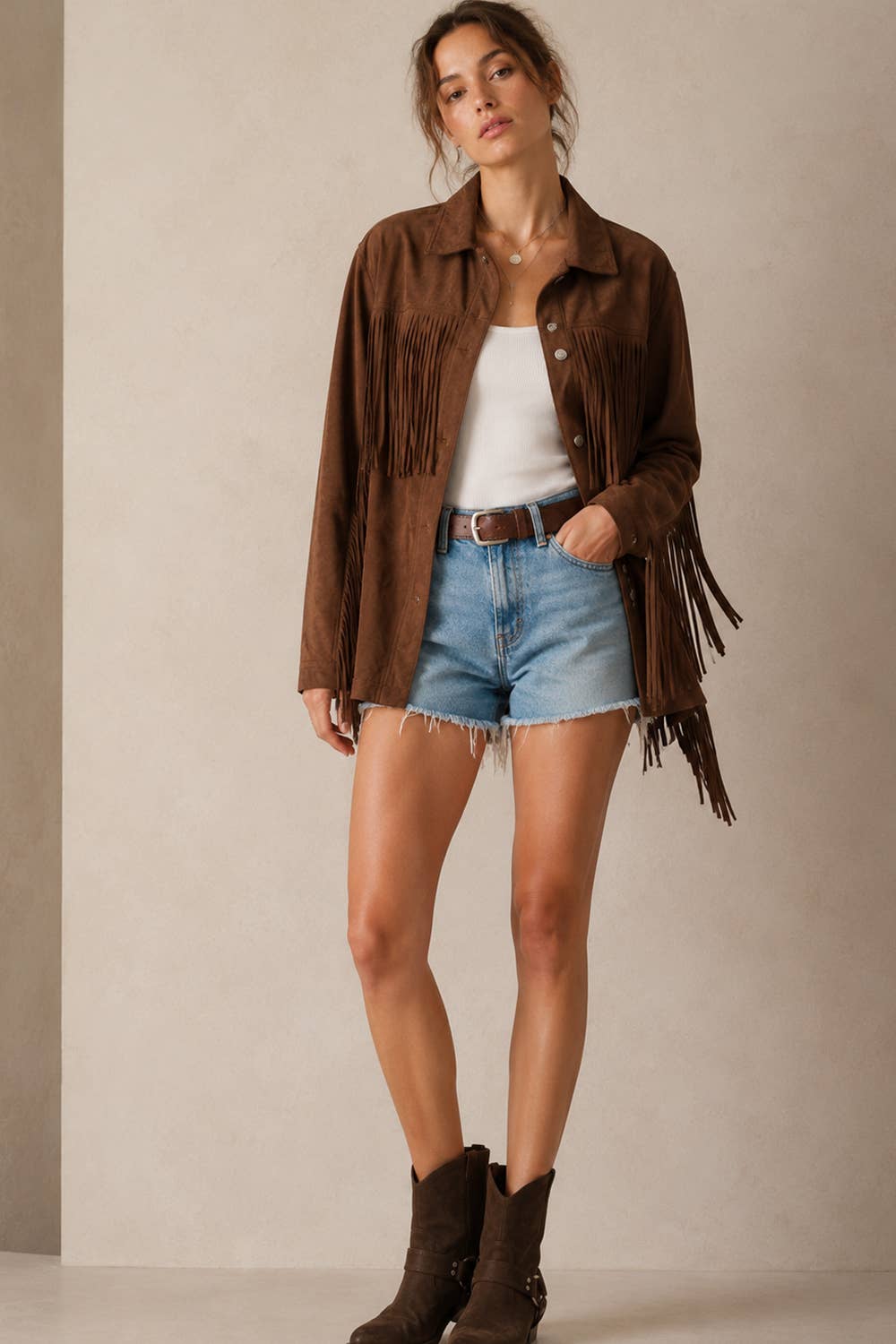 RELAXED FIT FAUX SUEDE FRINGE CASUAL JACKET
