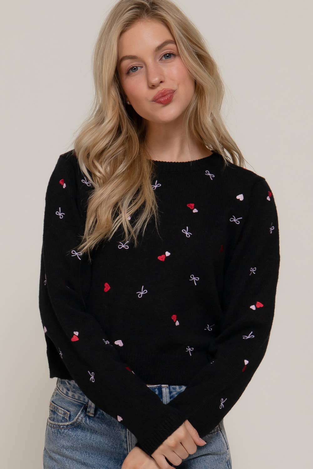 Long Sleeve Round Neck All Over Embroidery Sweater
