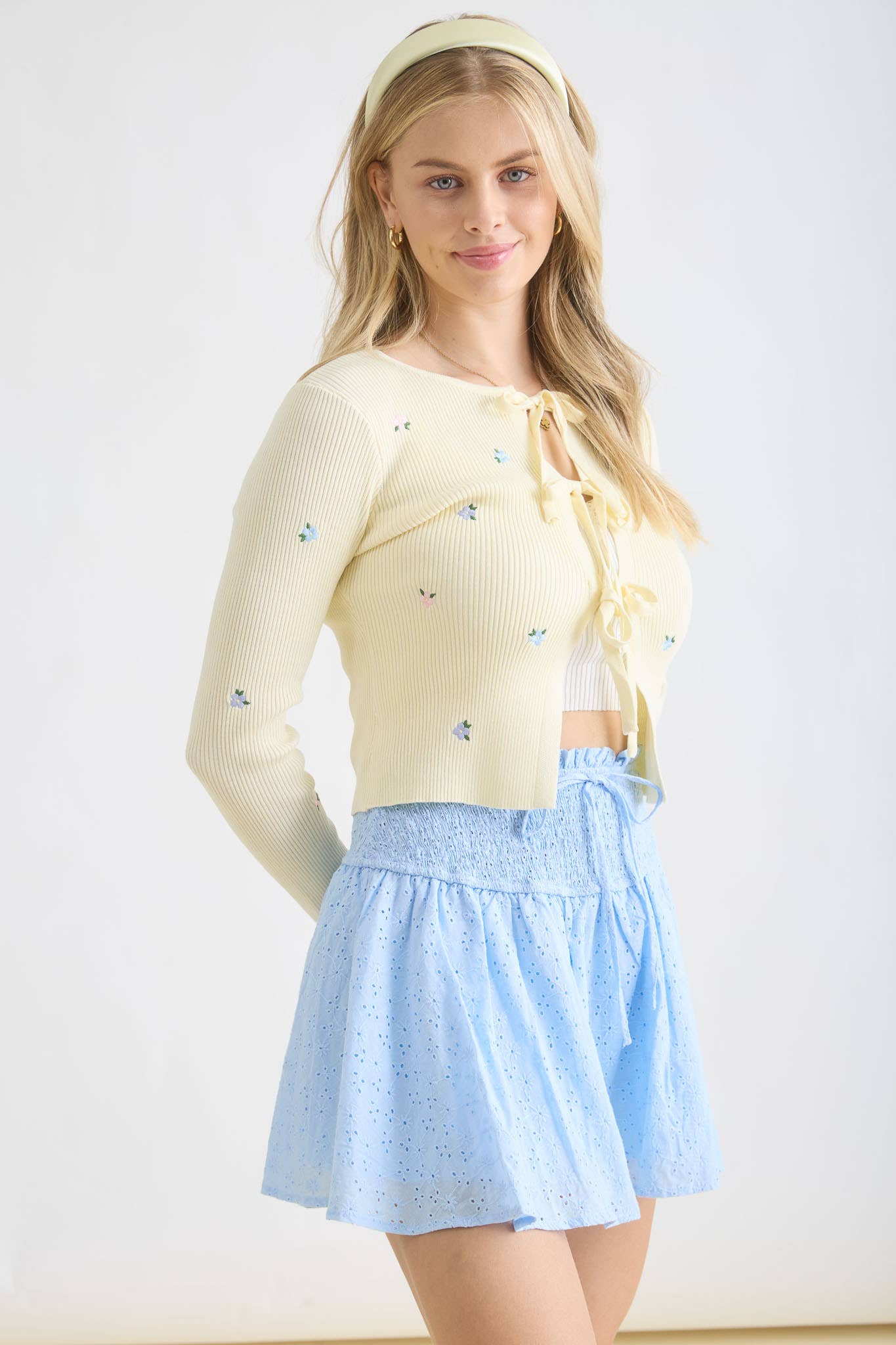 FLORAL EMBROIDERY MULTI FRONT TIE KNIT CARDIGAN