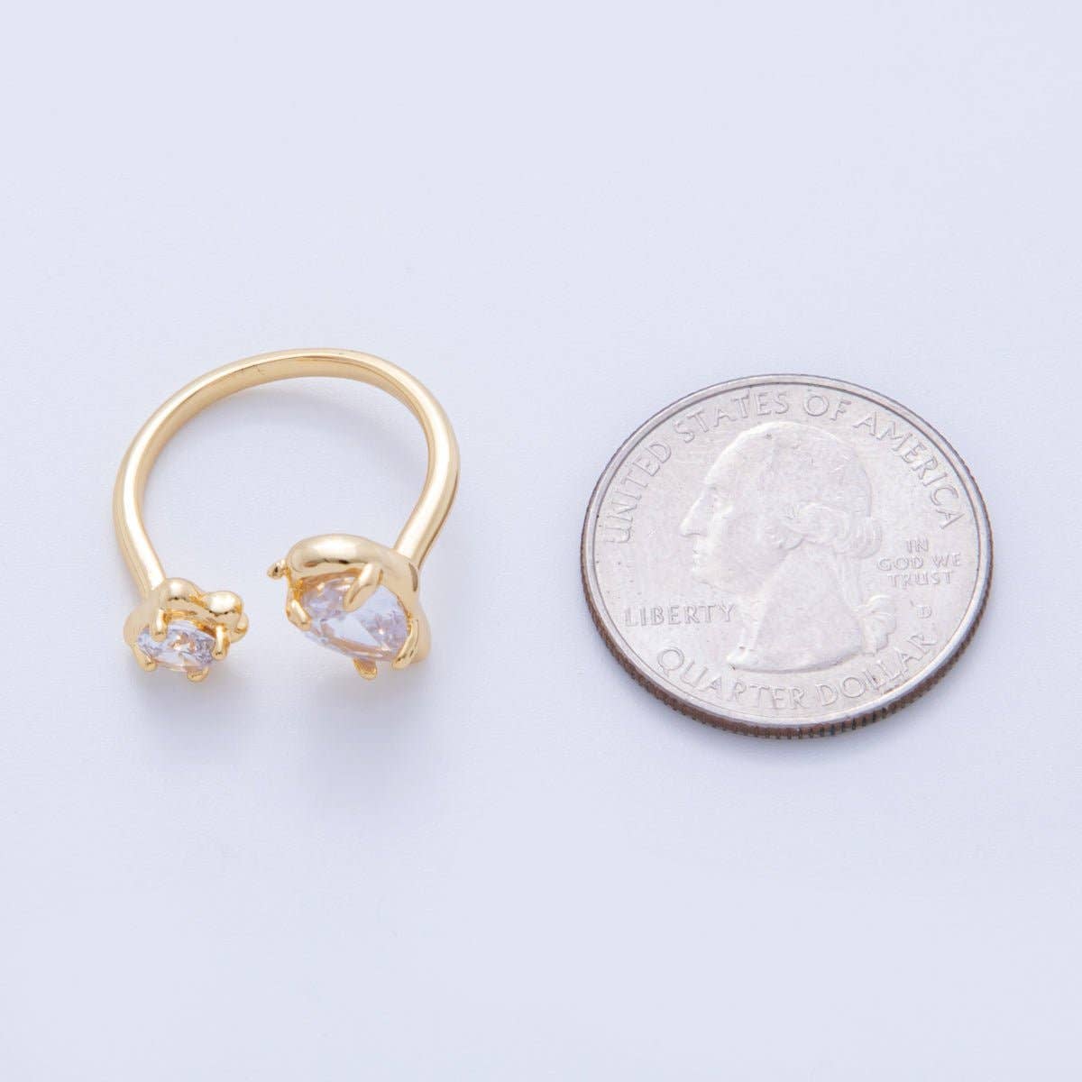 18K Gold Filled Double Clear Teardrop Round CZ Molten Claw Wrap Ring | O1754