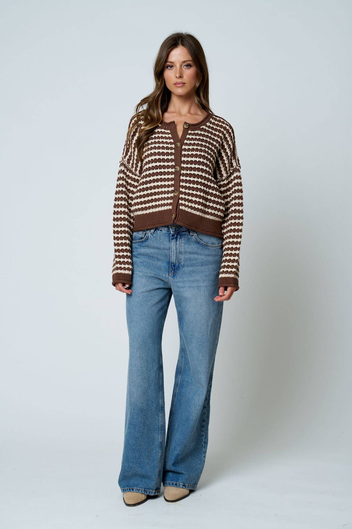 TEXTURED STRIPE CROCHET KNIT BUTTON DOWN CARDIGAN