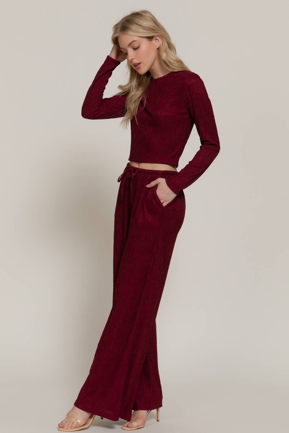 Long Sleeve Crew Neck Top & Waist Tie Long Pants Set