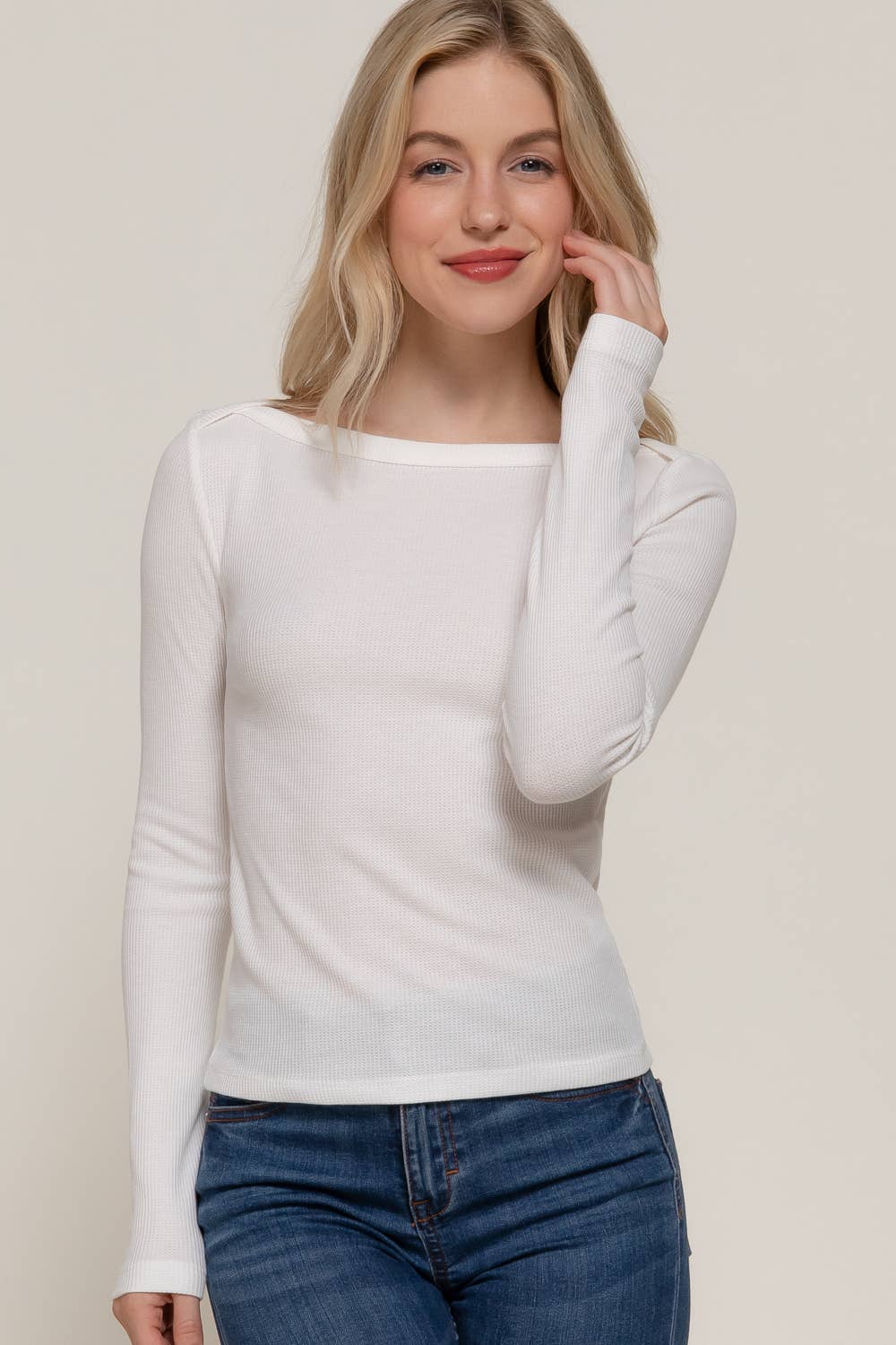 Long Sleeve Boat Neck Thermal Knit Top