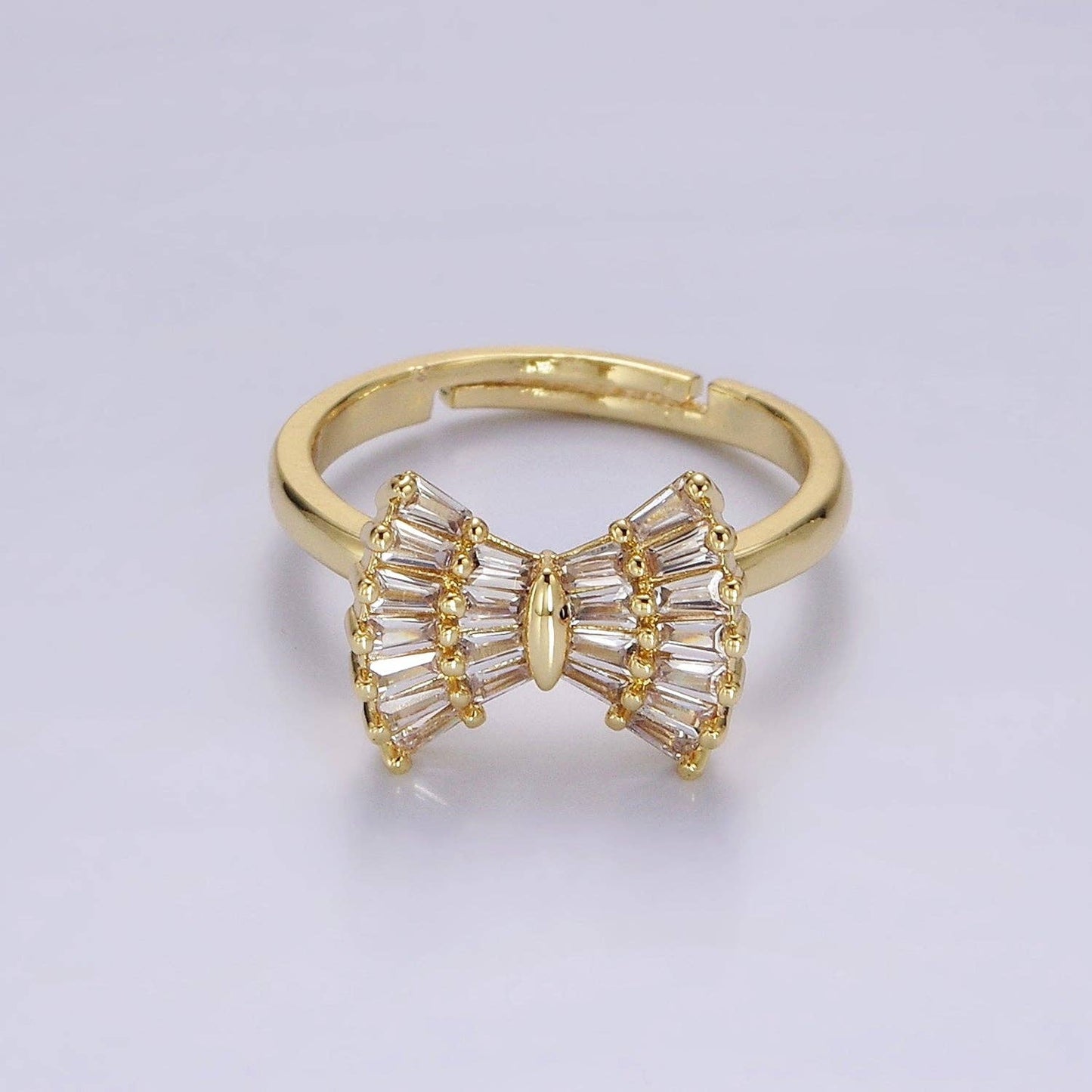 14K Gold Filled Clear CZ Baguette Bow Ribbon Adjustable Ring | O1084