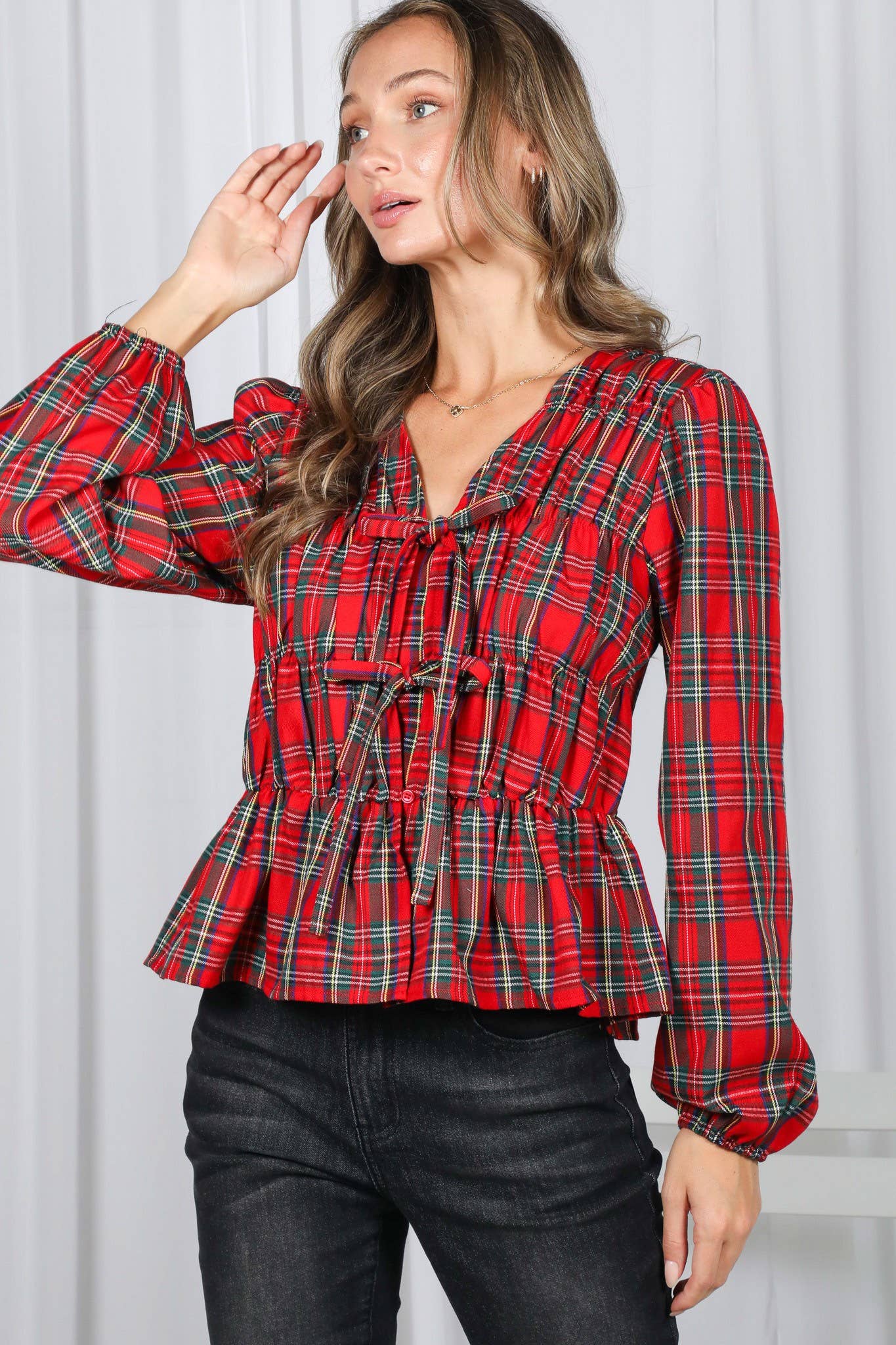 Front Elastic Shirring & Tie Plaid Blouse Top VT82890B
