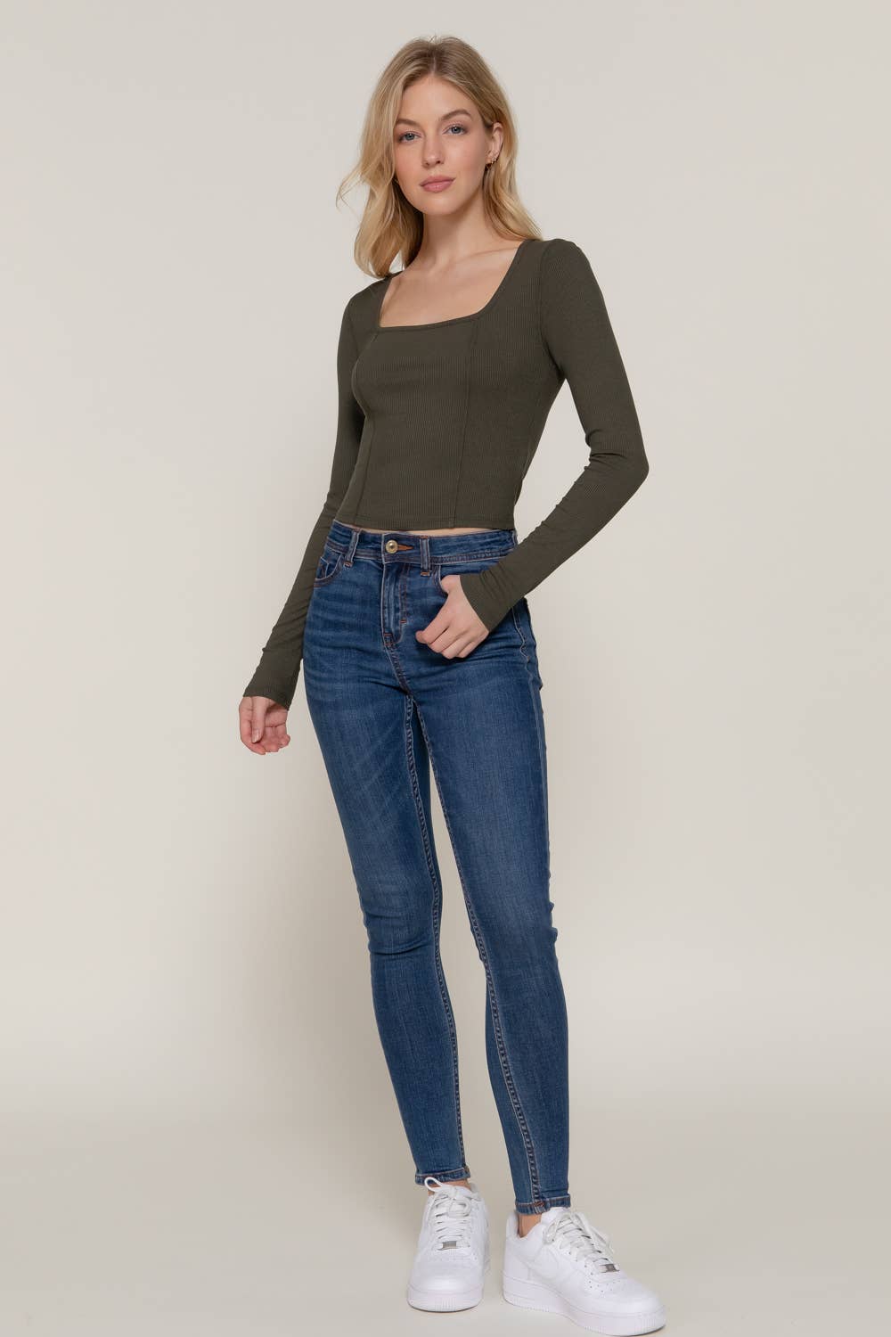 Long Sleeve Square Neck Corset Detail Knit Top
