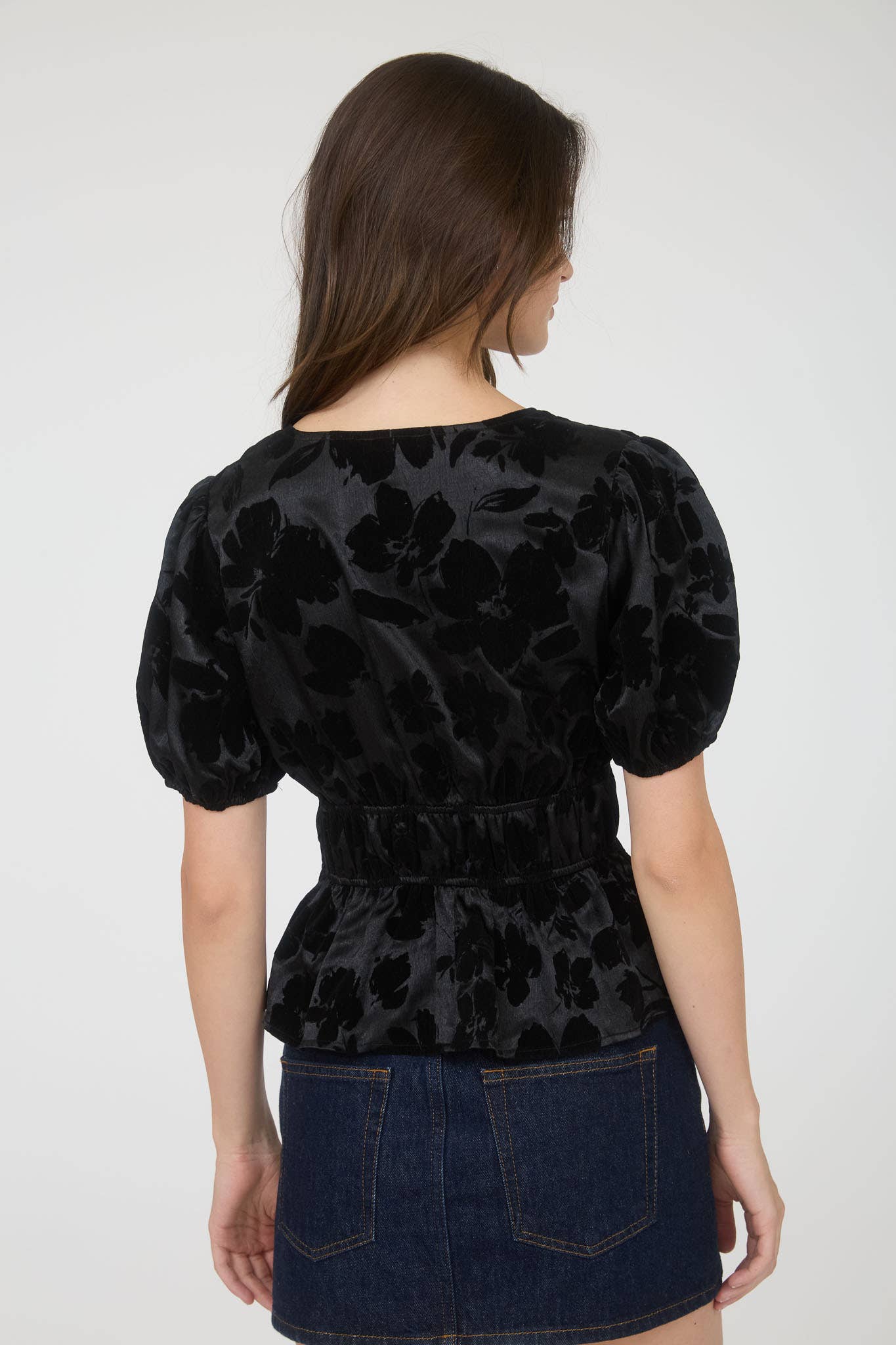 SATIN VELVET FLORAL FRONT TIE PUFF SLEEVE BLOUSE