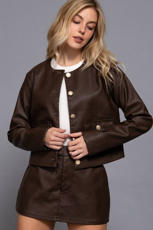 Long Sleeve Crew Neck Button Down Faux Leather Jacket