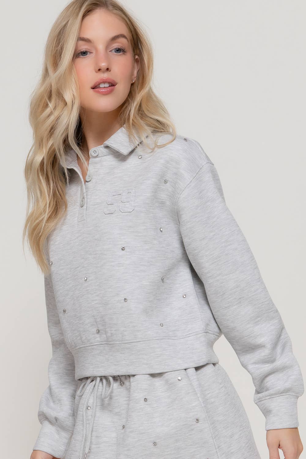 Long Sleeve with Embellished Scuba Polo Top