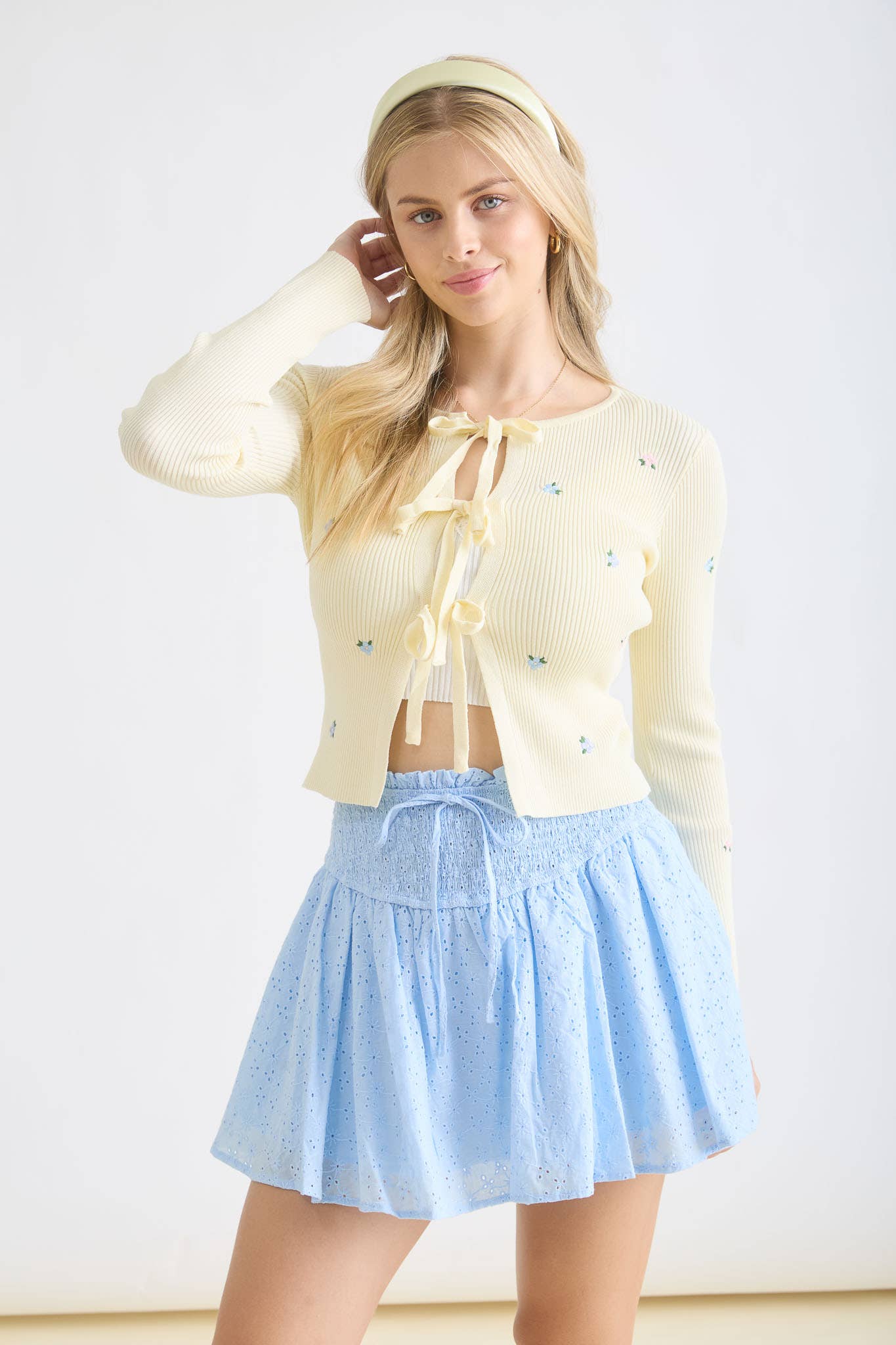 FLORAL EMBROIDERY MULTI FRONT TIE KNIT CARDIGAN