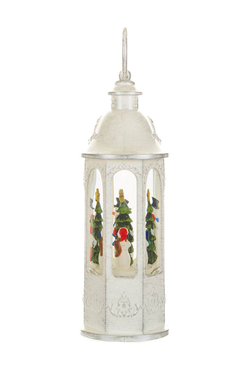 NEW-White Led Lantern Snow Globe W/ Snowmen & Presents