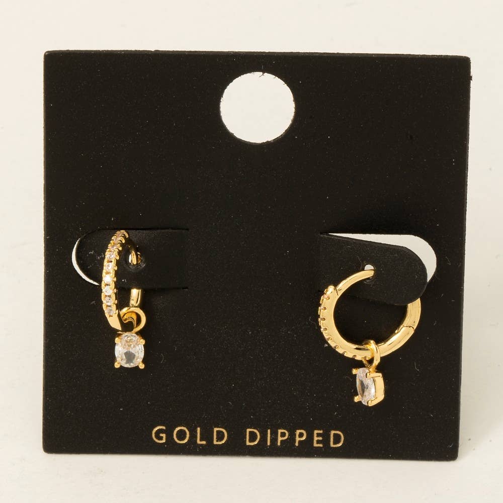 Gold Dipped Cz Pave And Gem Charm Hoop Earrings