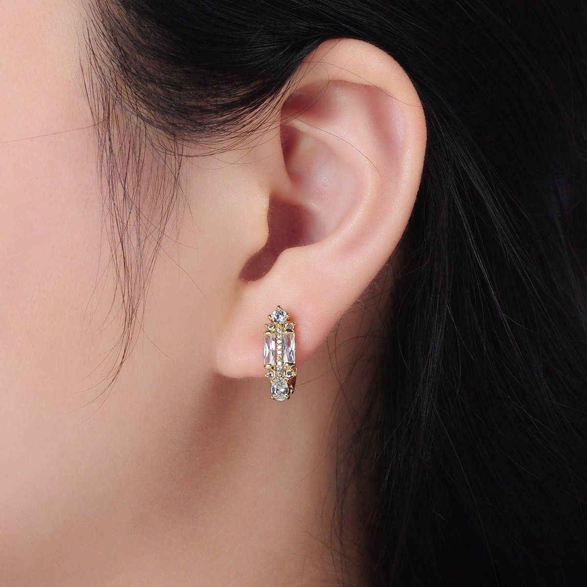 14K Gold Filled CZ Micro Paved Baguette English Lock Earrings | AD617