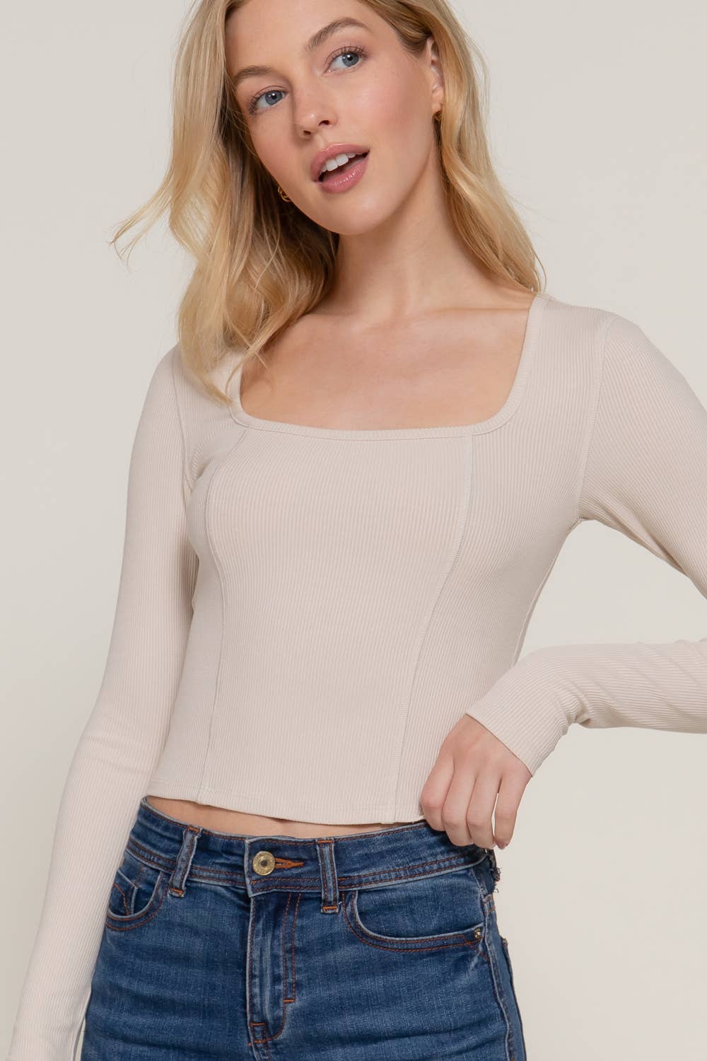 Long Sleeve Square Neck Corset Detail Knit Top