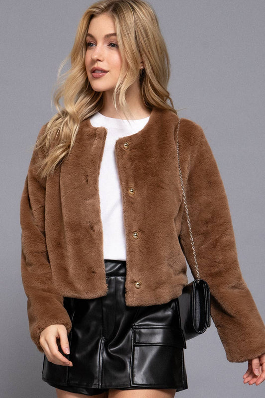 Long Sleeve Round Neck Faux Fur Crop Length Blazer