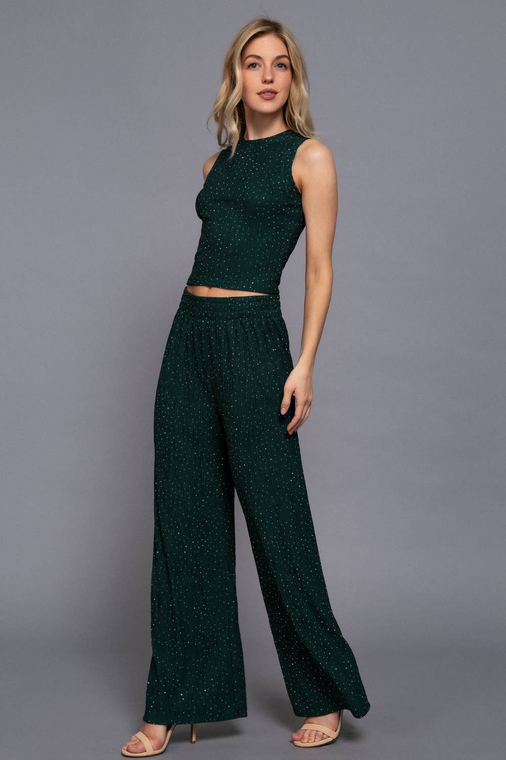 Sleeveless Top & Straight Wide Sparkling Knit Pant Set