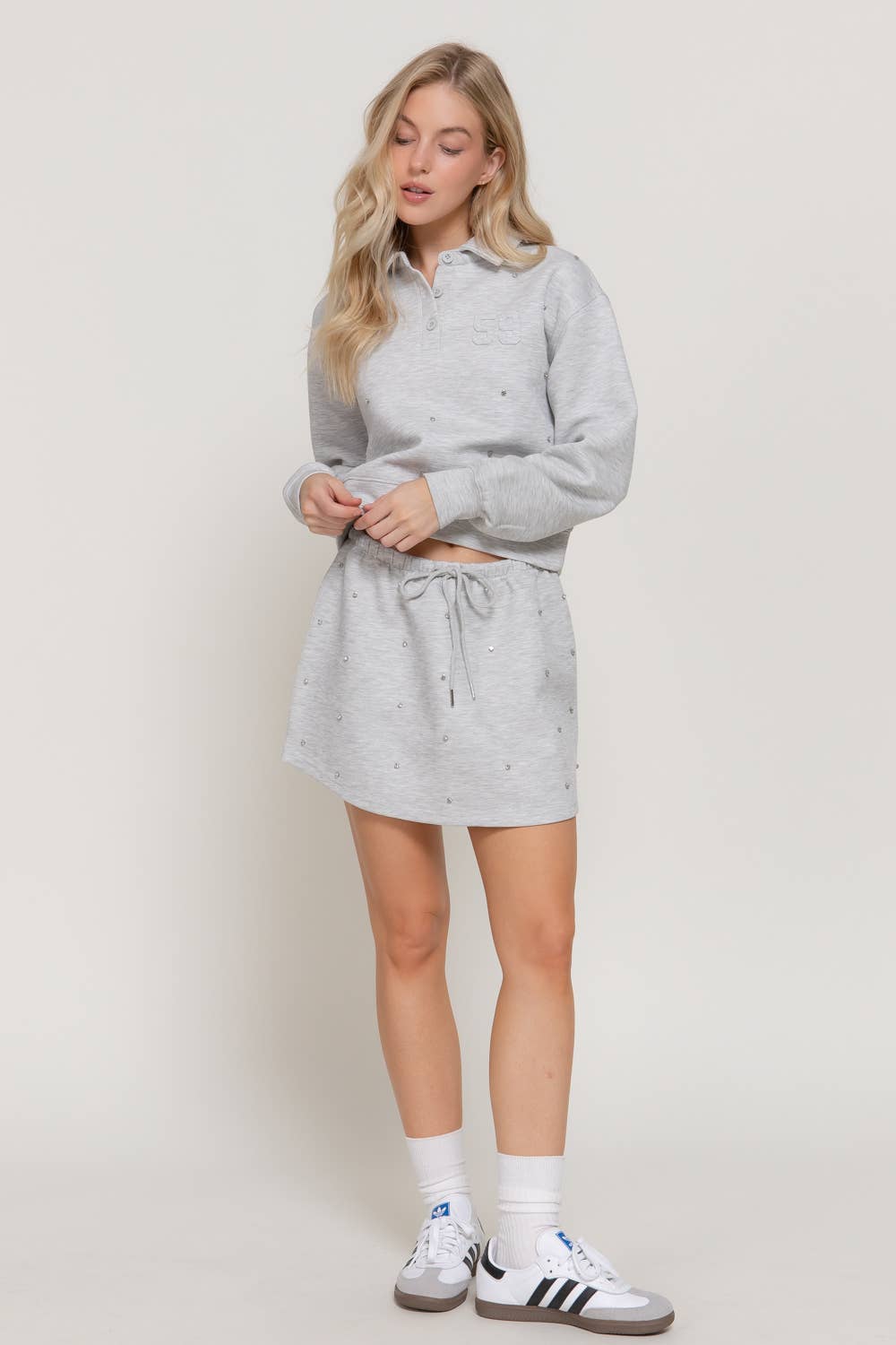 Long Sleeve with Embellished Scuba Polo Top