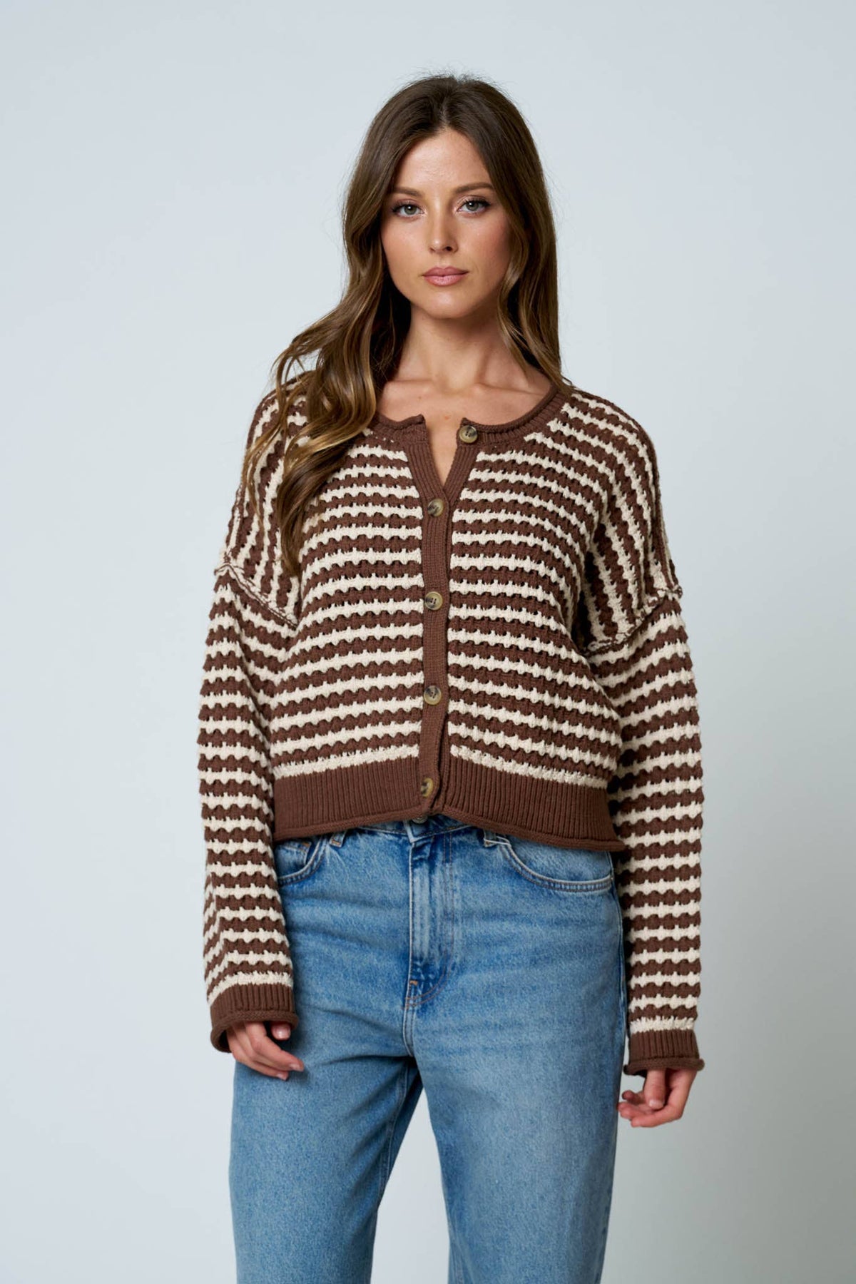 TEXTURED STRIPE CROCHET KNIT BUTTON DOWN CARDIGAN