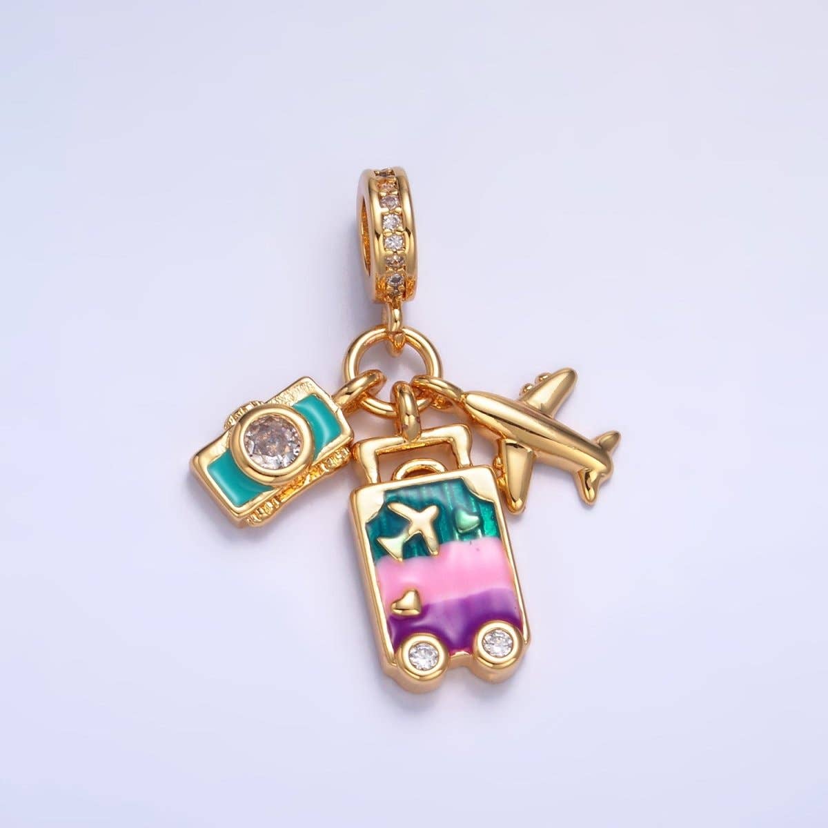 24K Gold Filled Suitcase Camera Airplane Travel CZ Rhondelle Drop Pendant | W444