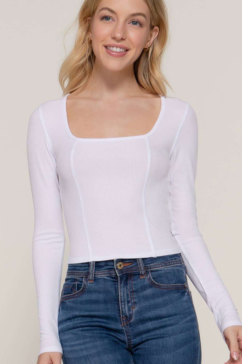 Long Sleeve Square Neck Corset Detail Knit Top