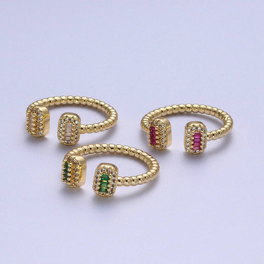 Elegant Clear/Fuchsia/Green CZ Crystal Baguette Gold Ring