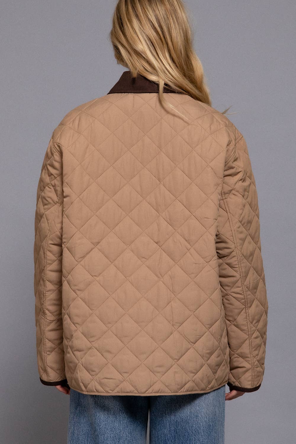 Long Sleeve Contrast Lapel Collar Quilted Puffer Work Jacket