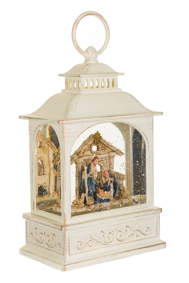NEW-Musical White Led Lantern Snow Globe With Nativity Scene