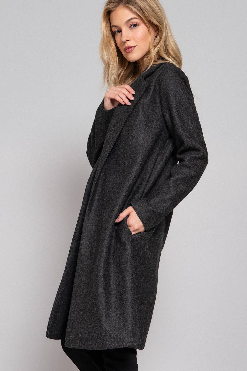 Long Sleeve Open Front Soft Felt Long Coat