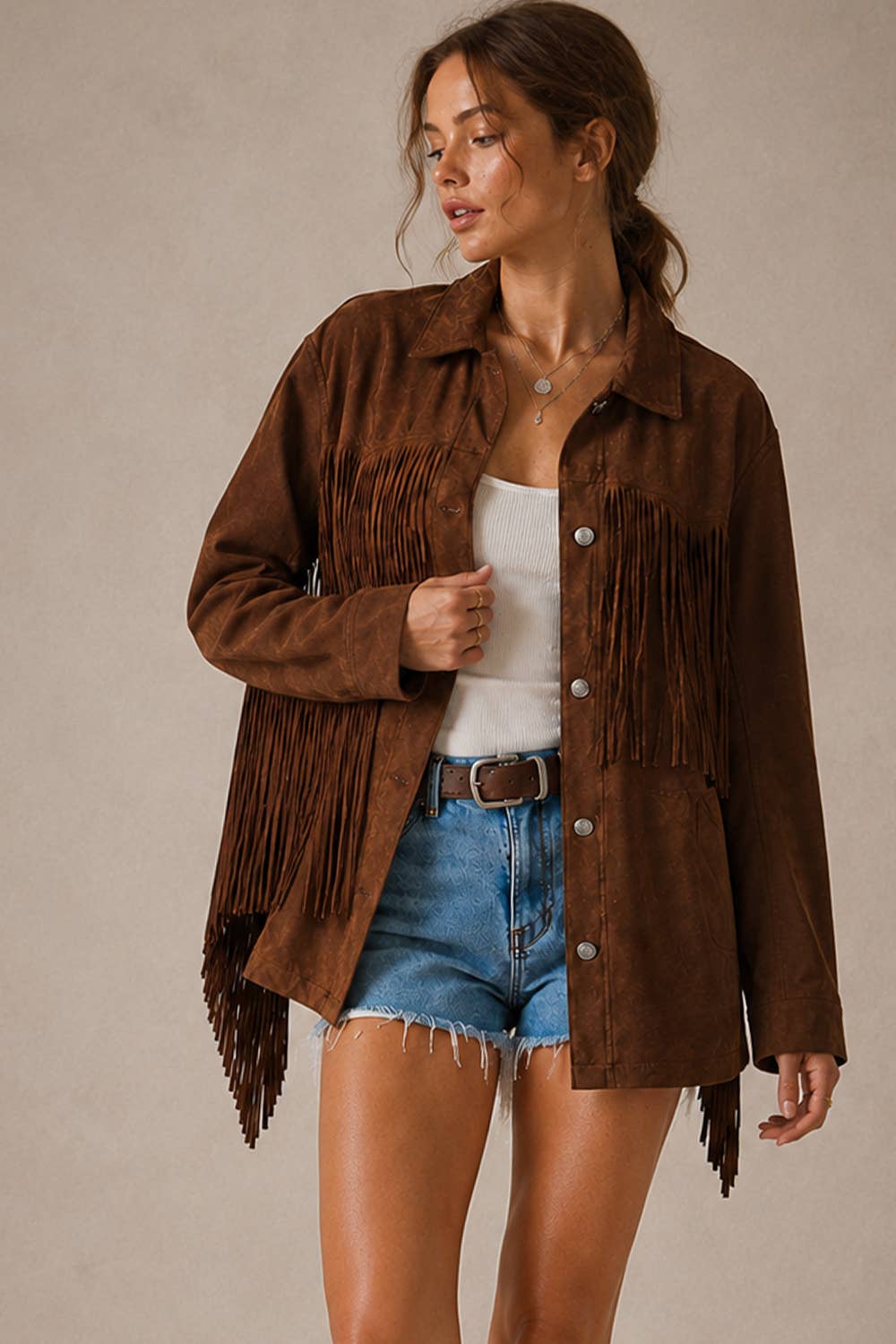 RELAXED FIT FAUX SUEDE FRINGE CASUAL JACKET