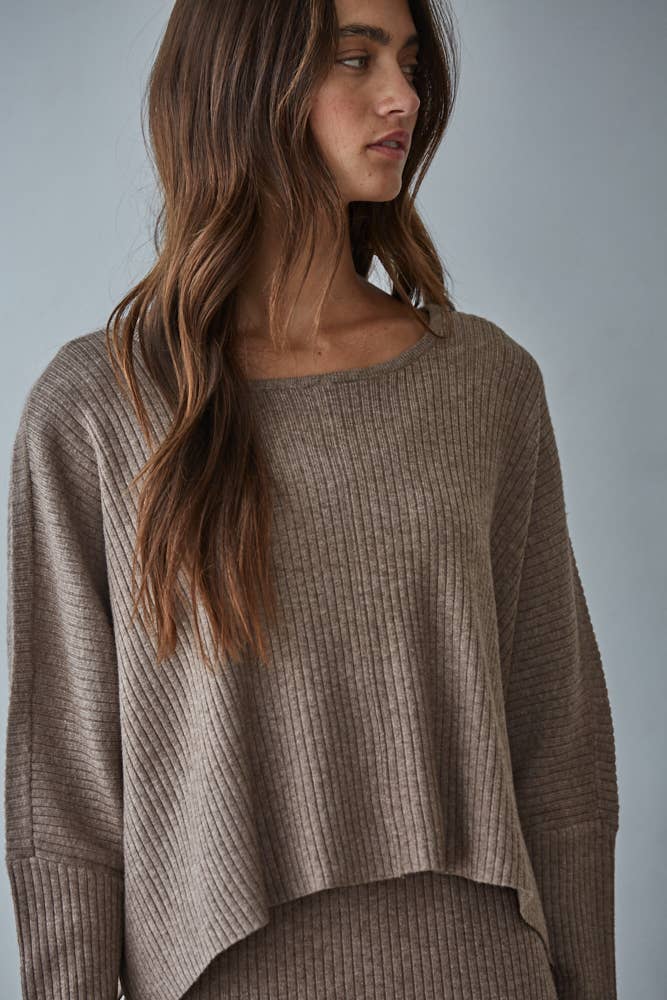 W2288T | Knit Sweater Ribbed Round Neck Long Sleeve Top