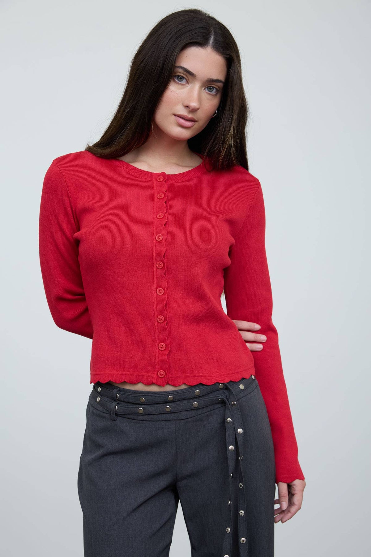 SCALLOPED BUTTON DETAIL LONG SLEEVE KNIT CARDIGAN  (PRE-ORDER)