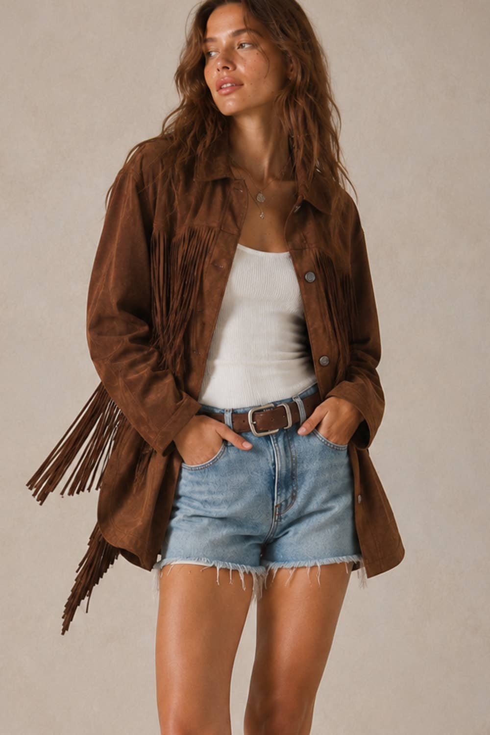 RELAXED FIT FAUX SUEDE FRINGE CASUAL JACKET