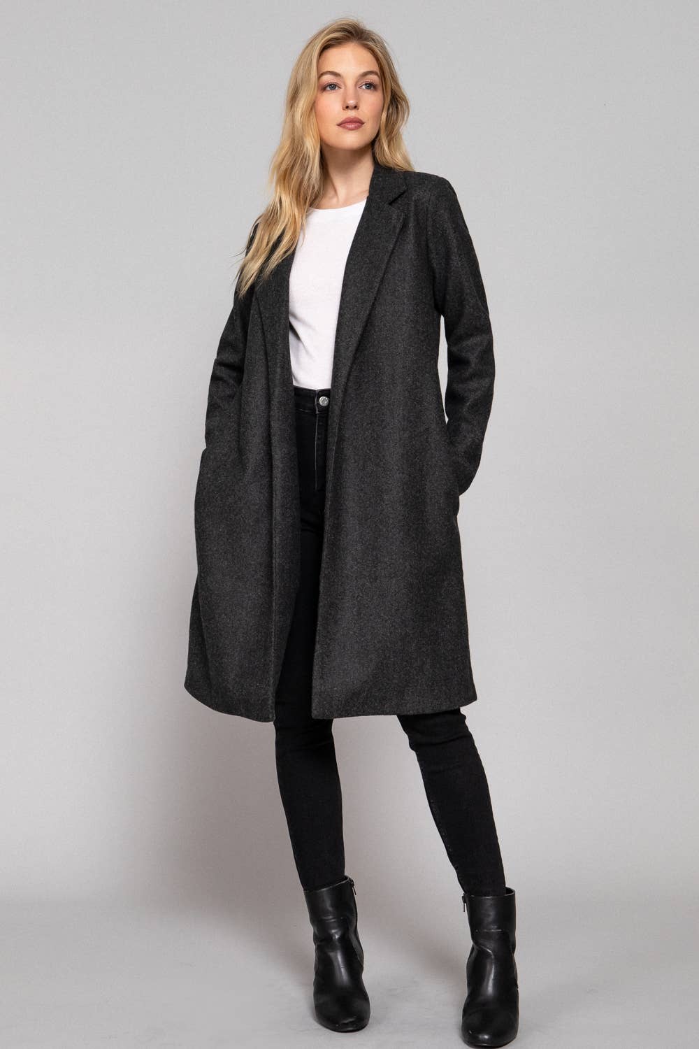 Long Sleeve Open Front Soft Felt Long Coat