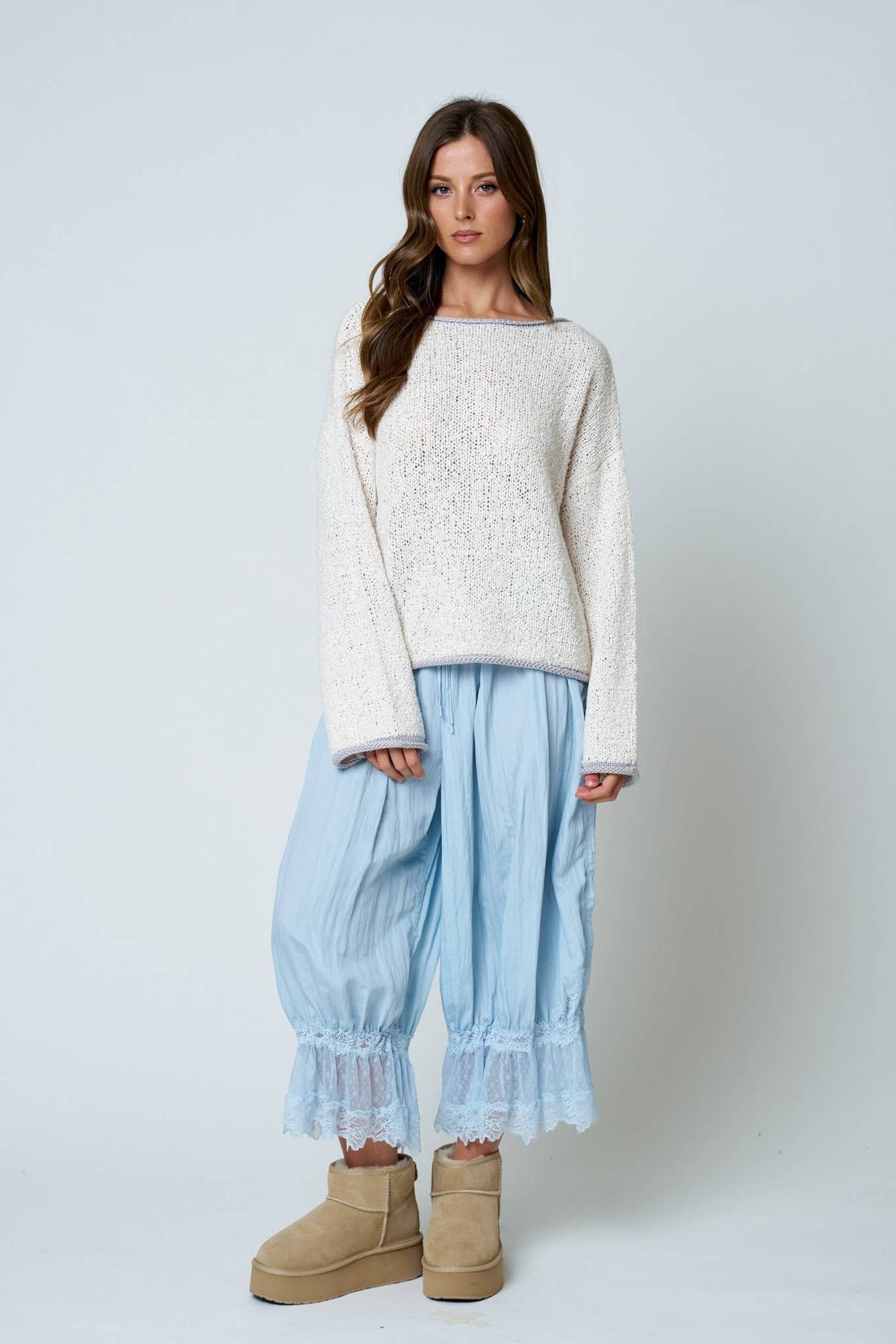 BOAT NECK CONTRAST TRIM LONG SLEEVE KNIT SWEATER
