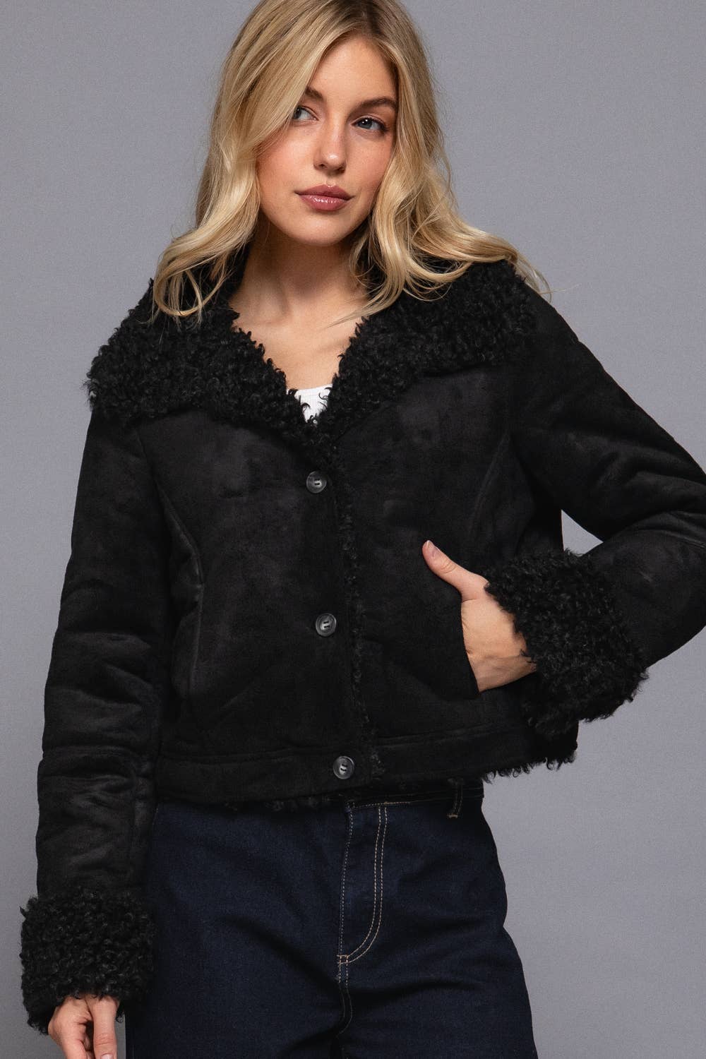 Long Sleeve Inside Fur Detail Penny Lane Suede Short Jacket