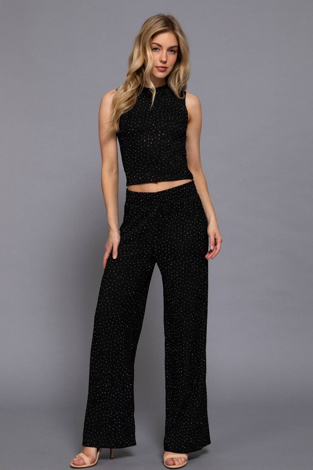 Sleeveless Top & Straight Wide Sparkling Knit Pant Set