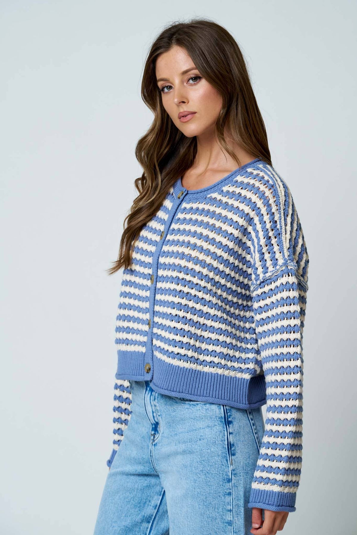 TEXTURED STRIPE CROCHET KNIT BUTTON DOWN CARDIGAN
