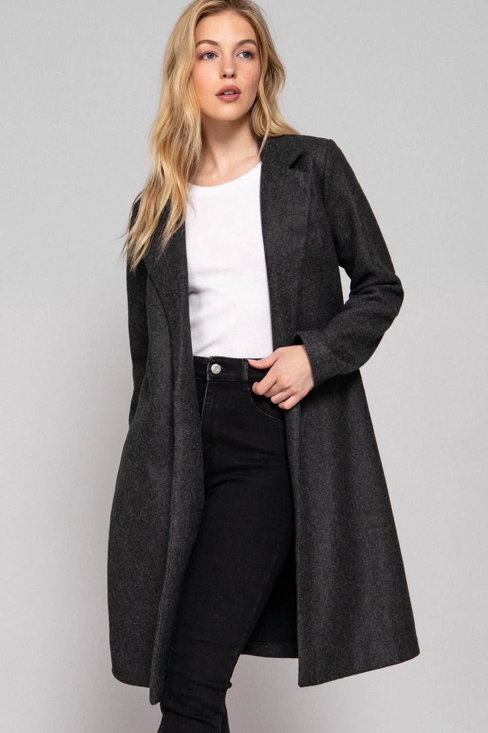 Long Sleeve Open Front Soft Felt Long Coat